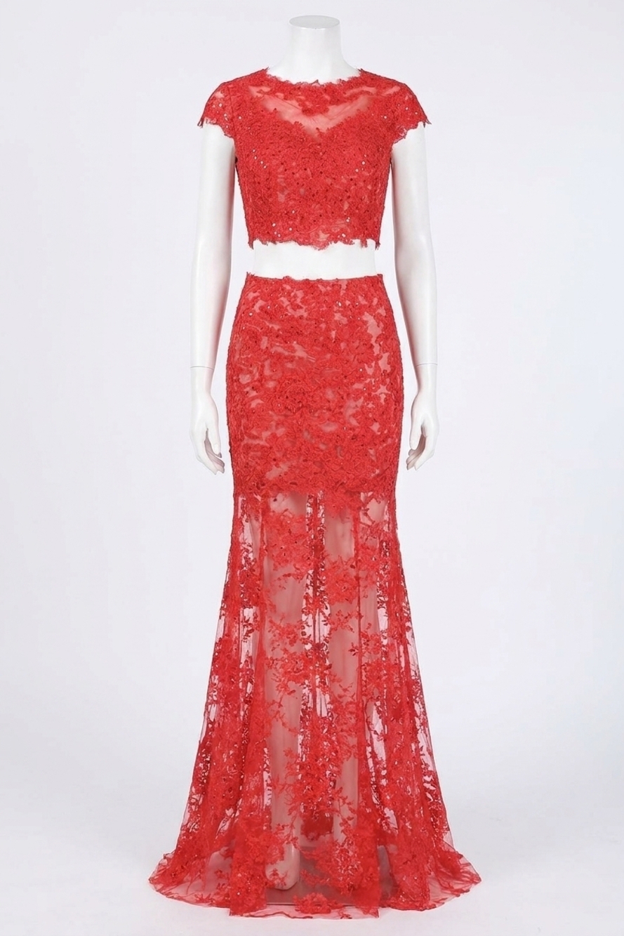 NEW SHERRI HILL laced cap-sleeves prom dress in red